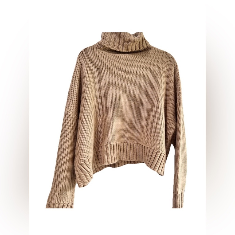 Calvin Klein Camel Knit Pullover Cozy Tan Cable Knit Turtleneck Sweater - Picture 4 of 16